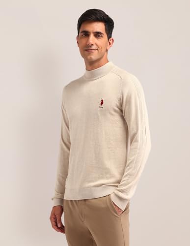Image of U.S. Polo ASSN. Mens Beige Heathered Mock NeckLong SleeveCasual Cotton Regular Fit Sweater
