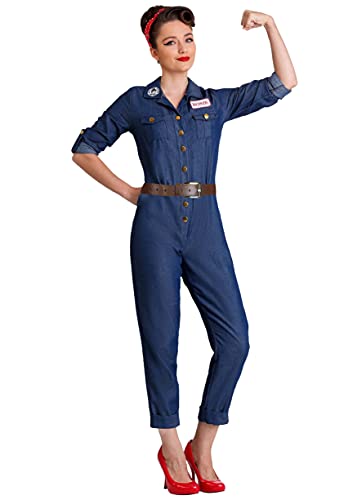 World War II Icon Costume for Women | Rosie The Riveter | Denim Coveralls Mechanic Jumpsuit for Halloween Large