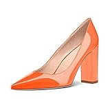 Odernee Women's Orange 4 Inch Patent Pointed Toe Block High Heel Slip On Pumps Shoes Size 8
