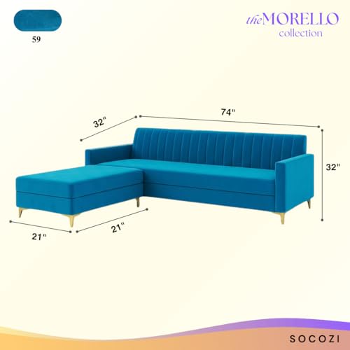 Image of SOCOZI Morello 4 Seater L Shape Sofa Set with Movable Ottoman | Flexible Left or Right Layout | Soft Velvet Suede Fabric | Modern Design | Plush Comfort Cushions for Living Room (Aqua Blue)
