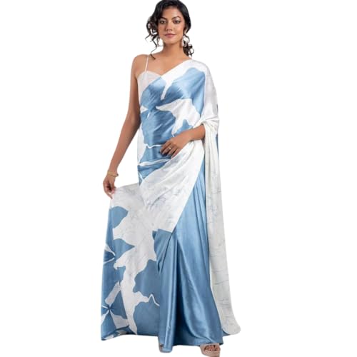 Image of Japan Satin Floral Print Saree for Women with Blouse Piece - Satin Finish Draped Saree