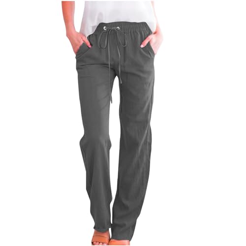Womens Summer Clothes Linen Cotton Pants Womens High Waist Summer Pants 2025 Loose Fit Drawstring Work Slacks Solid Lounge Long Trousers Dark Gray