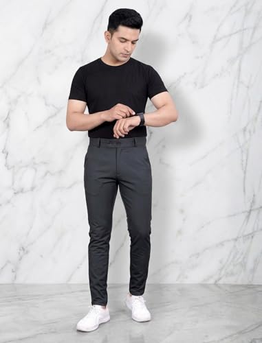 Image of MiraMichi Slim Fit Men's Formal Mid Rise Trousers - Solid Lycra Blend, Ideal for Formal Occasions, Stylish