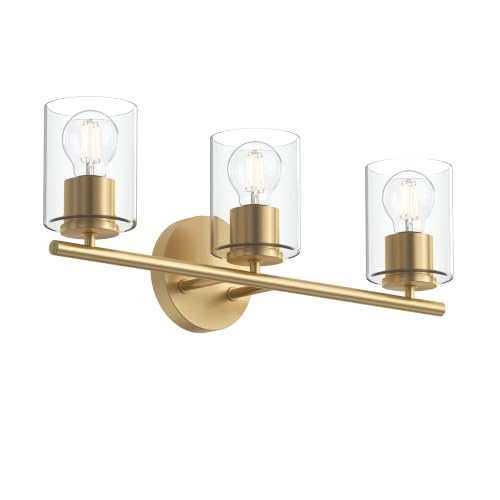 Image of Progress Lighting Replay 22 Inch 3-Light Vanity Light, Transitional, Brushed Gold with Clear Glass Shades, (7.875 inch H x 22 inch W x 6 inch D), P300583-191