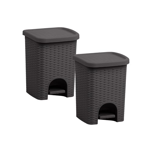Image of Superio 2-Pack Mini 6L Step Pedal Trash Can - Wicker Design, Hidden Mechanism, Durable Plastic, Ideal for Desktop, Countertop, Pet Waste /Dog Poop- Brown