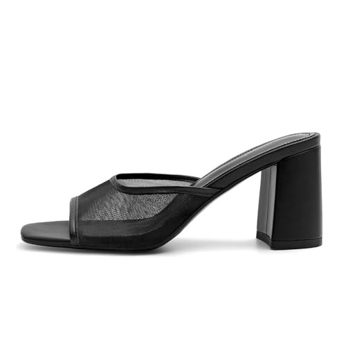 Image of Women's Heeled Sandals Mesh Mules Square Open Toe Block Chunky Heel Slip On Slide Sandals Comfy Dressy Summer Party Shoes