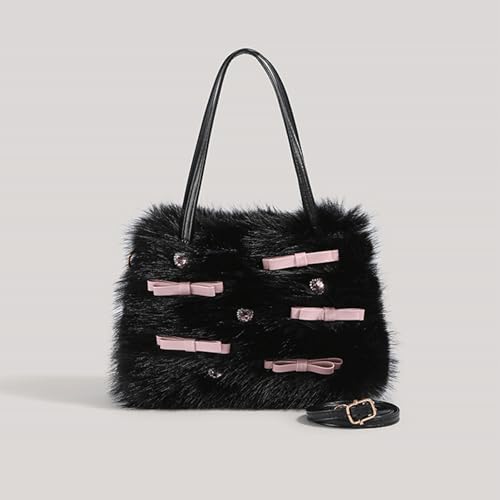 Bow Purse Plush Bow Handbag Faux Fur Top Handle Crossbody Shoulder Bag with Rhinestone Detail Trendy Gift Women4