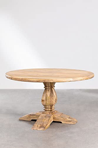 Image of 4-Seater Round Dining Table - Solid Mango Wood - Rustic Natural Finish - Pedestal Base - Farmhouse Kitchen Furniture- Table Only