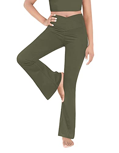 Esobo Women's Bootleg Yoga Pants Crossover High Waisted Wide Leg Workout Flare Pants Bootcut Work Pants Dress Pants Army Green