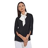 Contrast Tie V-Neck Crepe de Chine Blouse Black/White