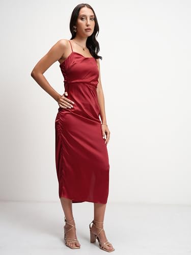 Image of Tokyo Talkies Women's Elegant Shoulder Strap Ruched Sheath Dress | Flattering Short Silhouette for a Chic Look