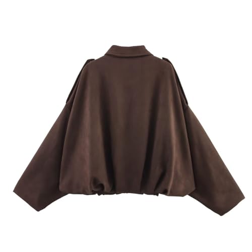 Womens Bomber Jacket Faux Suede Lapel Pilot Coat Oversized Long Sleeves Trendy Outwear2