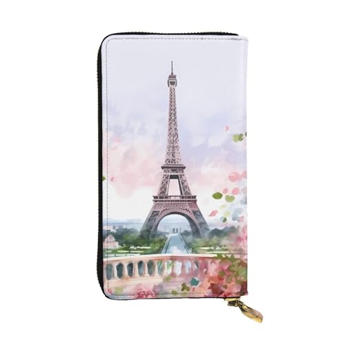 paris eiffel tower with flowers Wallet for Men Women Long Purse Leather Clutch Large Business Handbag Travel Phone Holder Credit Card Holder Money Case with Zipper Leather Wallets Gift