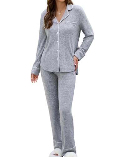 Leikar Button Up Pajama Set For Women 2 Piece Long Sleeve Shirt And Pajama Pants Soft Pjs — view 3