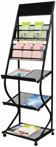 5-Tier Rolling Magazine Rack & Brochure Display Stand - Space-Saving Black Literature Organizer for School, Hotel Lobby, Library - Stylish & Functional Storage Solution