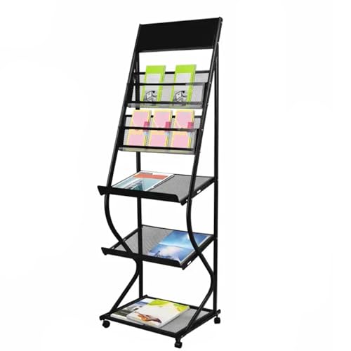 WDJBPSH Large Literature Magazine Stand on Wheels, 5 Tier Stand Up Brochures Rack for School/Hotel Lobby/Libraries Bookshelf, Save Space (Color : Black)