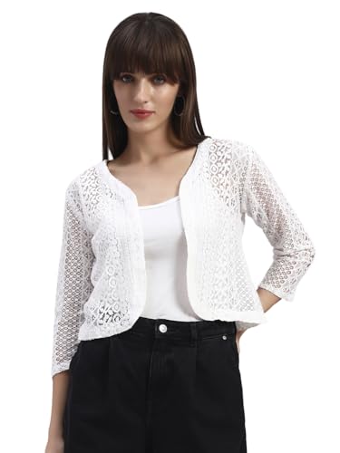 NATURE CRAFT Women’s Black Lace Cotton Shrug | 3/4th Sleeve Self-Design Jacket Style (in, Alpha, XL, Regular, White-01)