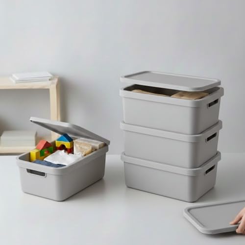 Plastard Aufbewahrungsboxen mit Deckel 7,5 L, 4er-Set, Grau, BPA-frei, Stapelbar, Ordnungsbox für Küche, Bad, Büro, Kinderzimmer, Regale – Robuste Kunststoffbox, Kleiderbox