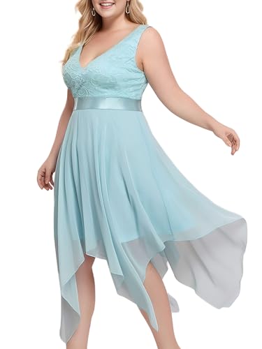Image of Ever-Pretty Plus Women's V Neck Sleeveless Asymmetric Hem Lace Chiffon Short Summer Plus Size Wedding Guest Dresses Sky Blue US24