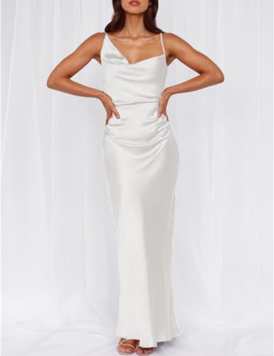 Image of Formal Satin Silk Spaghetti Strap Maxi Dresses for Women Wedding Guest