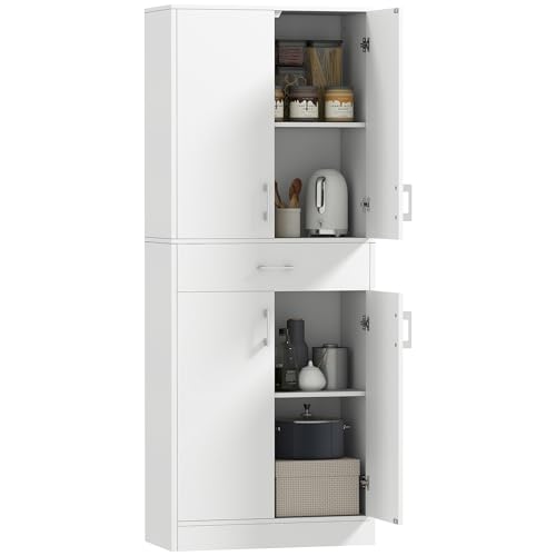 HOMCOM Buffet de Cuisine Armoire de Cuisine Buffet Haut 2 étagères réglables 4 Portes 2 placards et 1 tiroir Central Hauteur 180 cm Blanc