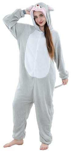 corimori Maus-Kostüm Erwachsene Damen Herren Karneval Tier-Kostüme Onesie Jumpsuit Overall 26 Maus grau rote Nase,M