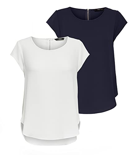 ONLY Damen ONLVIC S/S SOLID 2 Pack TOP Blusenshirt Kurzarm Navy Blazer/Cloud Dancer 38
