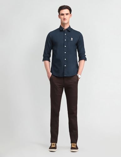 Image of U.S. Polo ASSN. Solid Slim Fit Shirts for Men - 100% Cotton, Full Sleeve Mens Casual Shirts