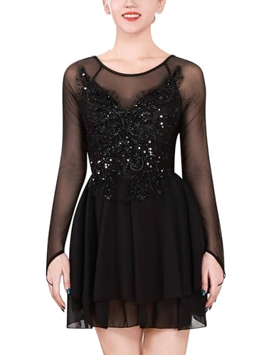 ODASDO Figure Skating Dress for Women Ice Skating Costumes Teenager Girls Mesh Long Sleeve Criss Cross Back Sparkly Sequin Chiffon Skirted Leotard Gymnastics Competition Ballet Dancewear Black XL