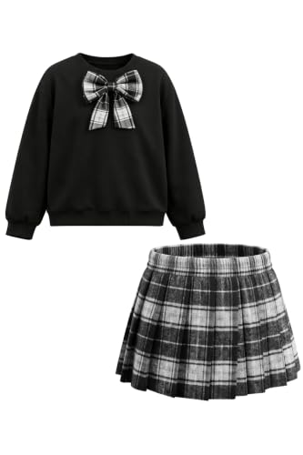 Girls Back to School Plaid 2 Piece Outfit Bow Sweatshirt Pleated Skirt Set