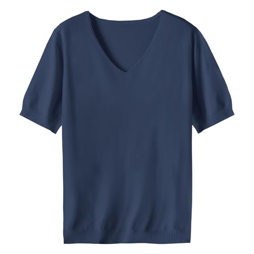 Image of SANGTREE Women's Short Sleeve Sweaters V Neck Casual Knit Pullover Tops | Perfect as a lightweight sweater for spring /summer or as a layering piece. Ideal for office, daily, holiday, home etc