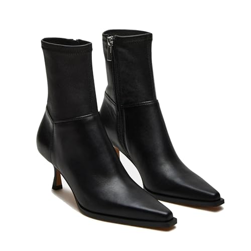 Goiphrri Black Ankle Boots for Women Stiletto High Heel Boot Pointed Toe Short Booties Side Zipper Dress Kitten Heel Booties Elastic Fashion Trendy Fall Boots Size 7.5