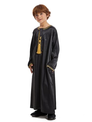 Qianliniuinc Islamisches Kleid für Jungen, runder Kragen – Jugendliche, langärmelig, muslimische Thobe, arabische Robe, Stickerei, Kleidung mit Taschen, Schwarz (B), 23