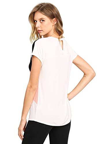Romwe Women's Color Block Blouse Short Sleeve Casual Tee Shirts Tunic Tops Pink Black White Xxxxl #TOP1