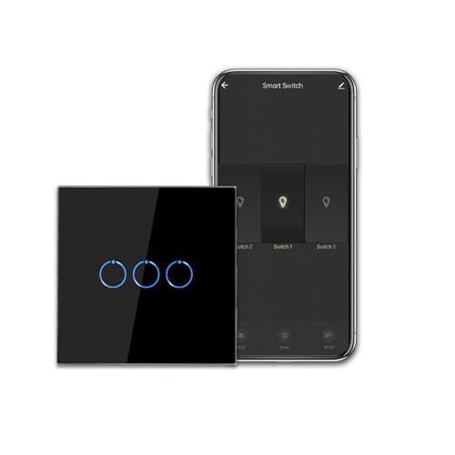 CNBINGO WiFi Smart Light Switch Work with Alexa, Google Assistant, Multi-Way Control by Smart Life App, 3-Gang Touch Light Switch, Black Glass Panel, LED Backlight, Neutral Wire Required