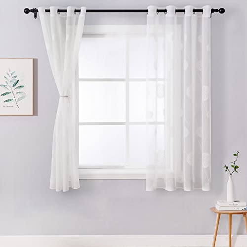 MIULEE Embroidery Sheer Curtains Decoration Flora Design Grommet Window Curtain Semi Voile Drapes with Eyelets Window Treatments for Living Room Bedroom 2 Panels 55" W x 63" L White - Image 2
