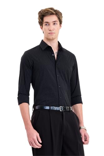 Image of SNITCH Luxe Men Formal Shirt | Slim Fit Full Sleeve Spread Collar Pinstripe Design | Breathable Viscose Blend & Stretch Fabric for Office Wear & Business Meetings
