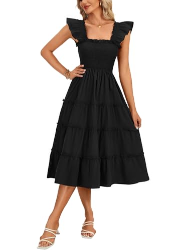 Rooscier Women's Square Neck Smocked Ruffle Sleeveless Sundress Tiered A Line Midi Dress3