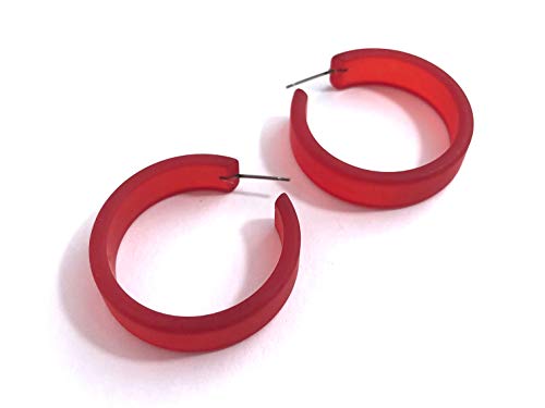 Cherry Red Hoop Earrings | Vintage Lucite Frosted Large Portland Hoops - PTLD-RD-1