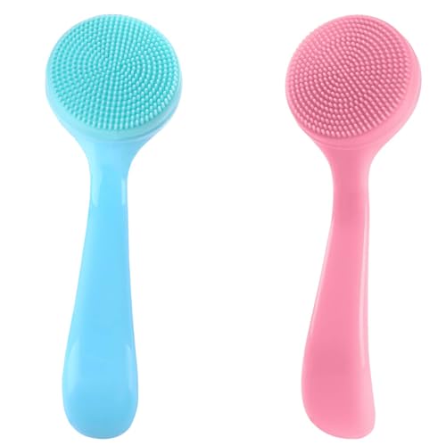 WLLHYF Paquete de 2 cepillos de limpieza facial manuales, de silicona suave, exfoliante con mango de polipropileno para eliminar puntos negros y puntos blancos (azul y rosa)