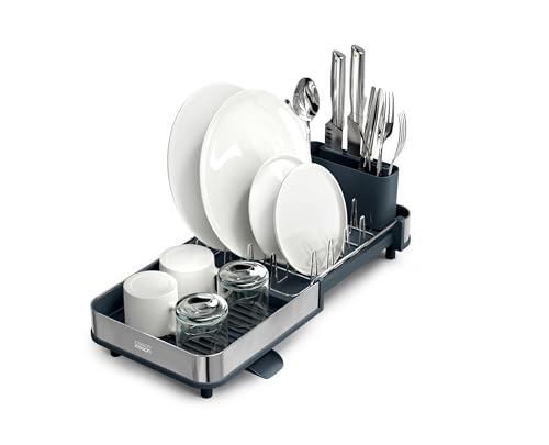 La Mejor Lista de Soportes de secado - 5 favoritos. 43 Joseph Joseph - Estante Extensible de Acero Delgado para secar Platos con Soporte extraíble para Cubiertos y Boquilla giratoria de Drenaje, diseño Compacto, Color Gris