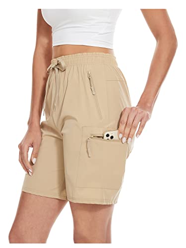 BATHRINS Léger Short Cargo Femme, Imperméable Bermuda Femmes Sport Cargo Taille Haute Short pour Randonnée Golf Loisir Safari Extérieur avec Multi-Poches Zippées(Kaki,S) Cover