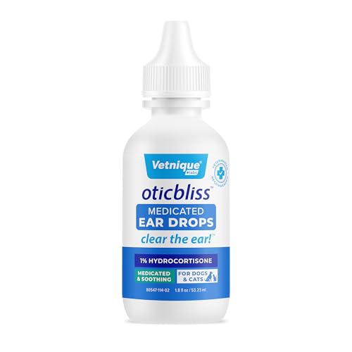 Vetnique Oticbliss Medicated Cat & Dog Ear Cleaner Drops - Dog Ear Infection Treatment with 1% Hydrocortisone to Soothe Itching, Redness, & Swelling - Vet Recommended