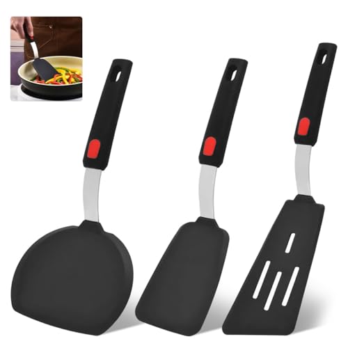 Large Silicone Spatula Turner Set of 3,Silicone Turner Spatula,Silicone Spatula for Cooking,Non-Stick,Heat Resistant, Easy to Clean, BPA Free Rubber Spatula for Egg, Pancake, Fish, Burger (Black)