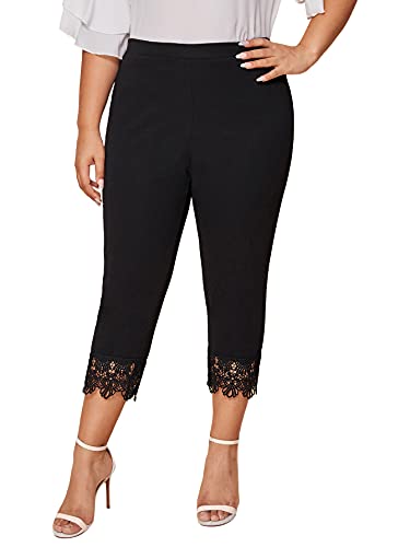 Floerns Women s Plus Size Guipure Lace Hem Capri Leggings Workout Pants Black 3XL