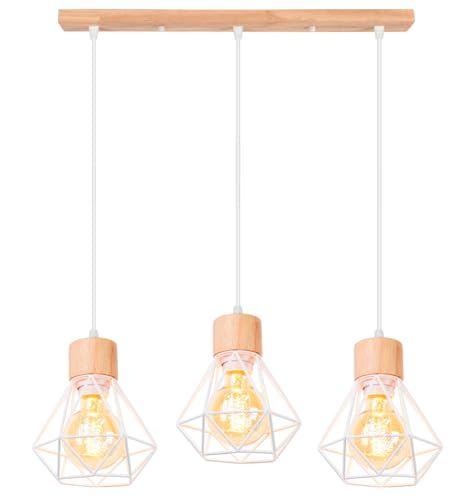 TOKIUS 3 Lampes Suspension Luminaire Industrielle E27 Plafonnier Vintage Lustre Abat-jour en Métal et Bois Ø160mm Rétro Pour Salon Cuisine Chambre (barre...