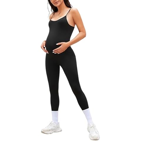 MOMOOD Spaghetti Straps Maternity Bodysuit Sleeveless Maternity Jumpsuit for Pregnant Woman Fitted Maternity Romper Black S Cover