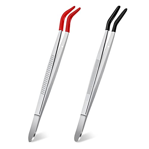 Grevosea 2-Piece Rubber-Tipped Curved Tweezers, Stainless Steel, Black, Long & Bent Tips for Crafts & Jewelry Repair
