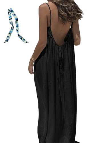 Rückenfreies Cami-Kleid, Damen, Sommer, lässig, ärmellos, rückenfrei, Maxikleid für Strand, Spaghettiträger, fließendes, langes Sommerkleid,...