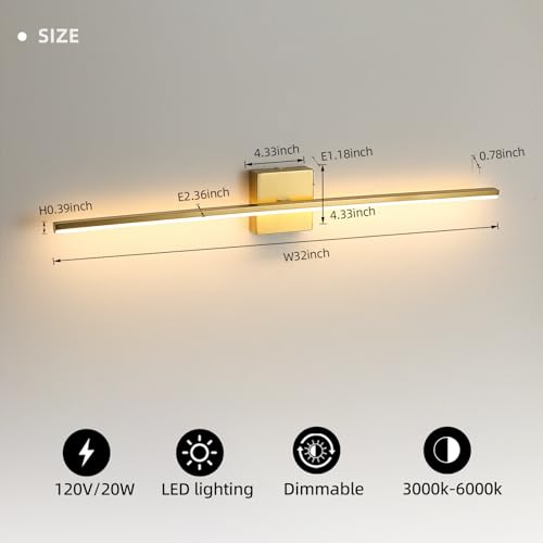 Image of Modern Bathroom Vanity Light 32 Inch, 20W Brushed Brass Bathroom Light Fixture Over Mirror, Dimmable 5CCT LED Wall Sconce Lighting for Restro